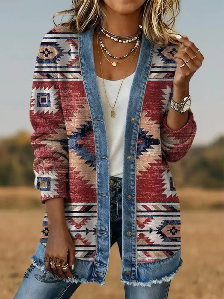 Vintage Retro Aztec Art Print Casual Cotton Patchwork Denim Coat