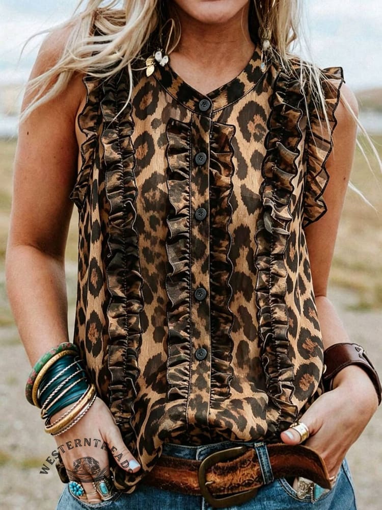 Leopard Print Boho Tank Top - Button Up Animal Shirt