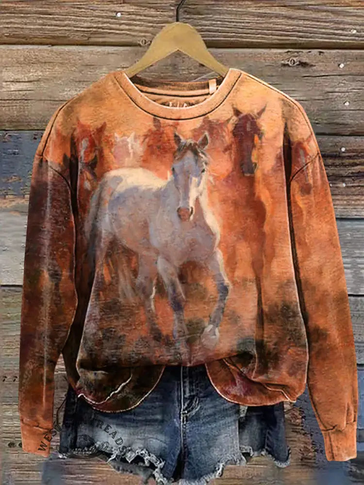 White Horse Art Print Casual Cotton Sweatshirt