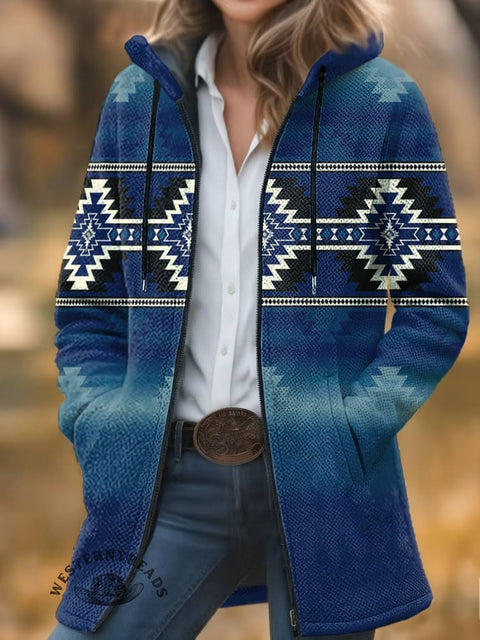Aztec Print Unisex Plush Thick Long-sleeved Cardigan Coat