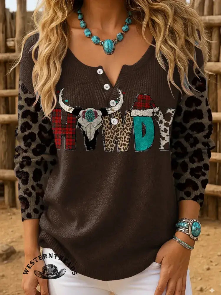 Retro Christmas Howdy Print Casual Cotton Sweatshirt