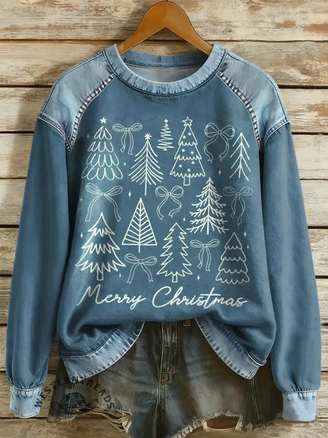 Christmas Print Casual Denim Patchwork Sweatshirt