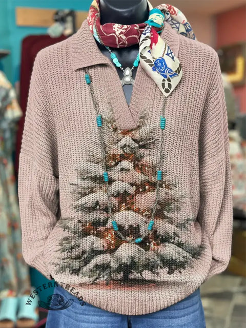 Women's Christmas Art Print Casual Lapel Knitted Sweater