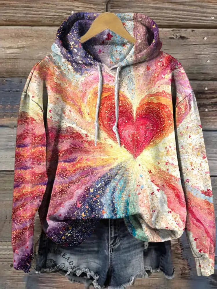 Vintage Heart Art Print Casual Cotton Hooded Sweatshirt