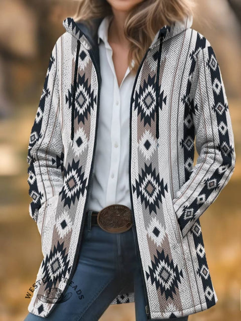 Aztec Print Unisex Plush Thick Long-Sleeved Cardigan Coat