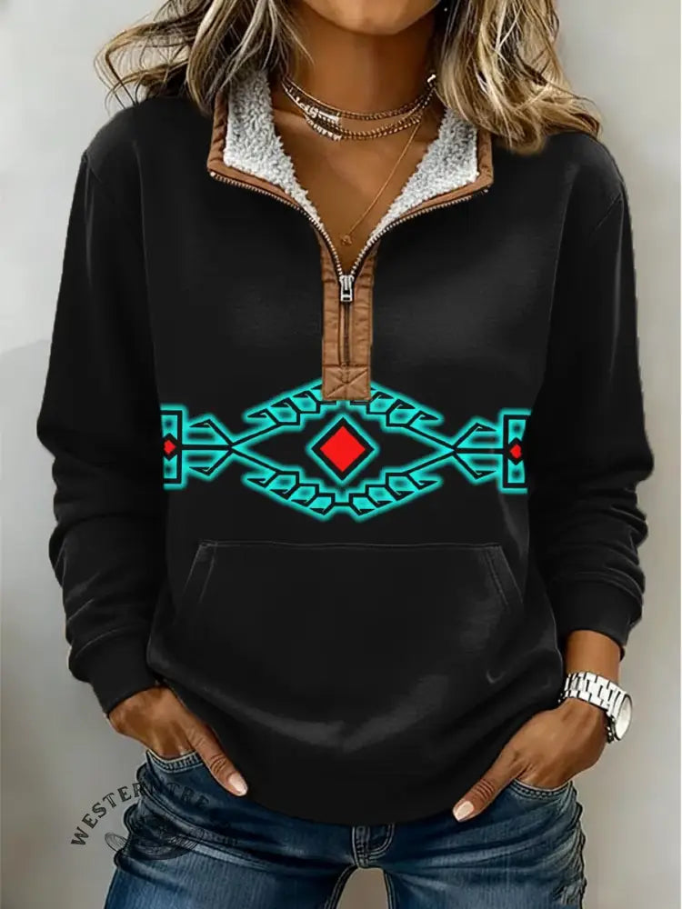 Turquoise Aztec Pattern Print Casual Half-zip Cotton Sweatshirt