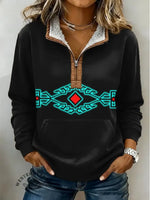 Turquoise Aztec Pattern Print Casual Half-zip Cotton Sweatshirt