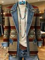 Retro Ethnic Art Print Patchwork Denim Sweater Cardigan Coat