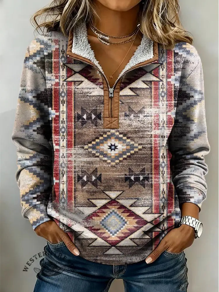 Women's Aztec Print Casual Color-blocked Casual Half-zip Cotton Sweatshirt