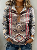 Women's Aztec Print Casual Color-blocked Casual Half-zip Cotton Sweatshirt