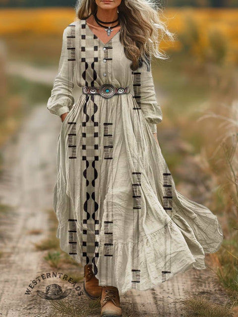 Women's Geometric Print V-neck Button Pocket Cotton Dress