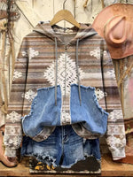 Retro Print Casual Cotton Patchwork Hooded Zip-up Sweatshirt
