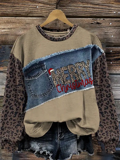 Leopard Print Christmas Letters Print Denim Patchwork Sweatshirt