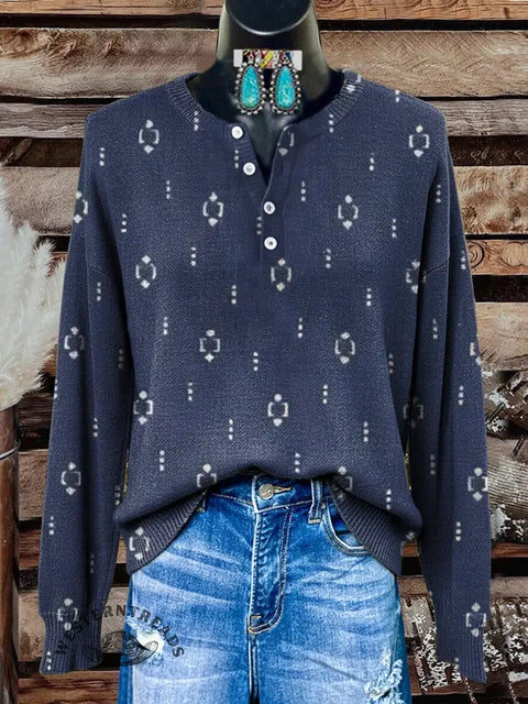 Simple Ethnic Art Print Buttoned Cardigan Sweater