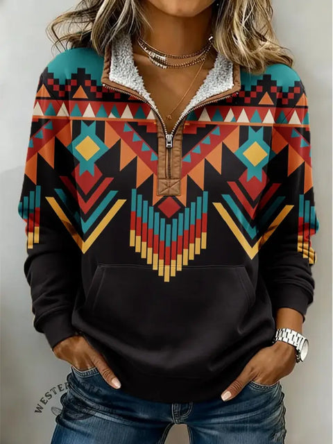 South Western Art Casual Half-Zip Cotton Sweatshirt