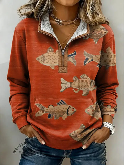 Retro Art Pattern Casual Half-Zip Cotton Sweatshirt