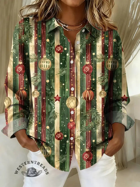 Women's Christmas Stripes Print Casual Cotton Shirt