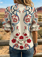 Women's Retro Floral Art Puff Sleeve Casual Shirt