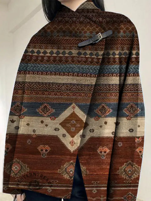 Aztec Print Buckle Long-Sleeved Cardigan Coat