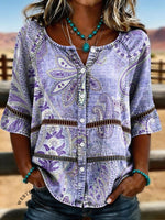 Women's Vintage Floral Print Casual Hollow-Out Denim Shirt
