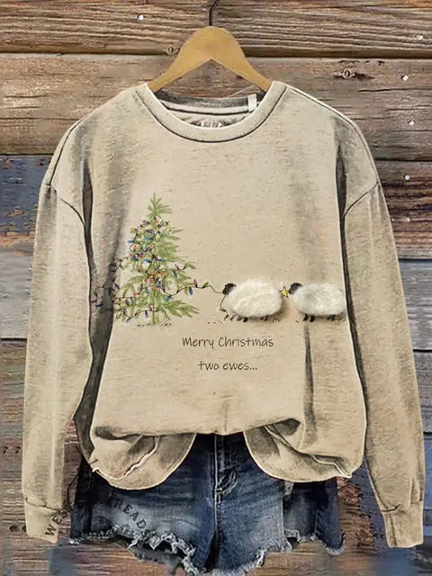 Retro Christmas tree and sheep Casual Cotton Sweatshirt