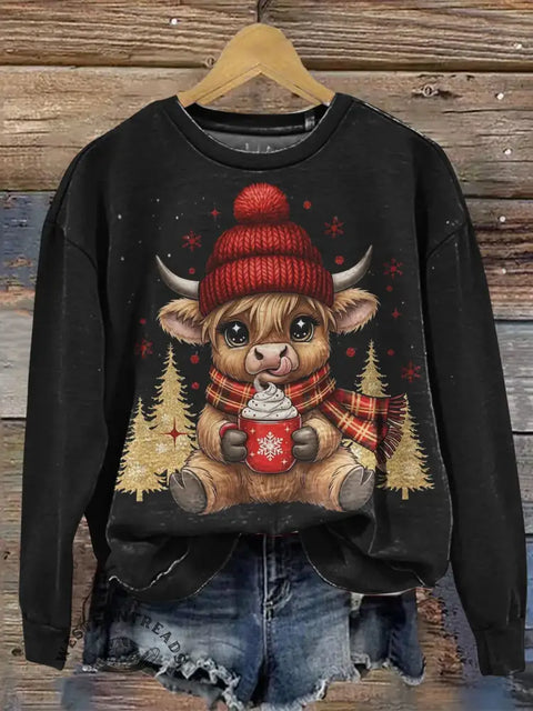 Highland Cow Christmas  Print Casual Sweatshirt
