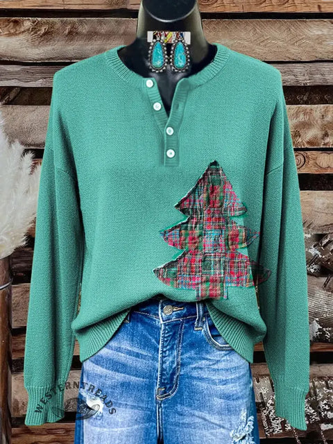 Retro Christmas Tree Print Buttoned Cardigan Sweater