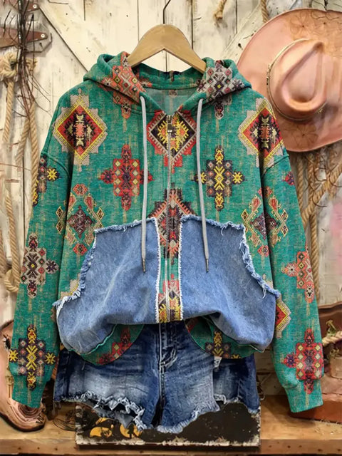 Retro  Western Print Casual Cotton Patchwork Hooded Zip-up Sweatshirt