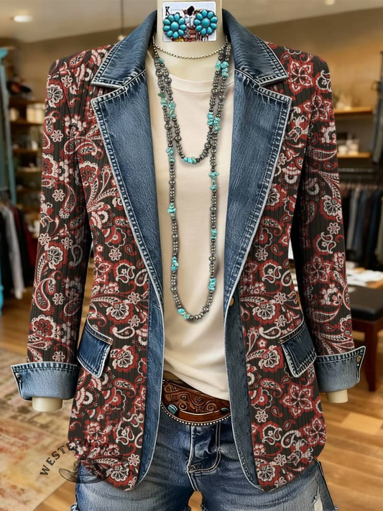 Paisley Print Patchwork Denim Coat