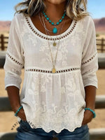 Vintage Art Hollowed Out Lace Patchwork Cotton And Linen Shirt
