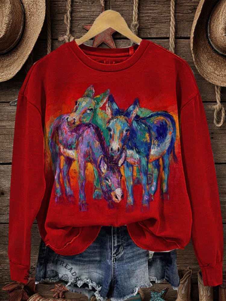 Vintage Donkey Art Print Casual Cotton Sweatshirt