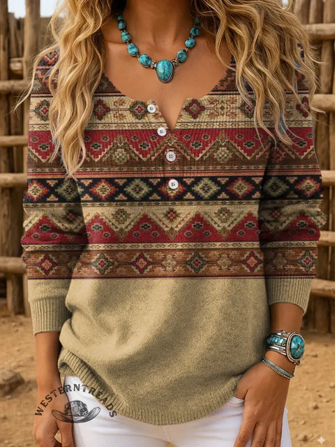 Retro Aztec Print Buttoned Cardigan Sweater