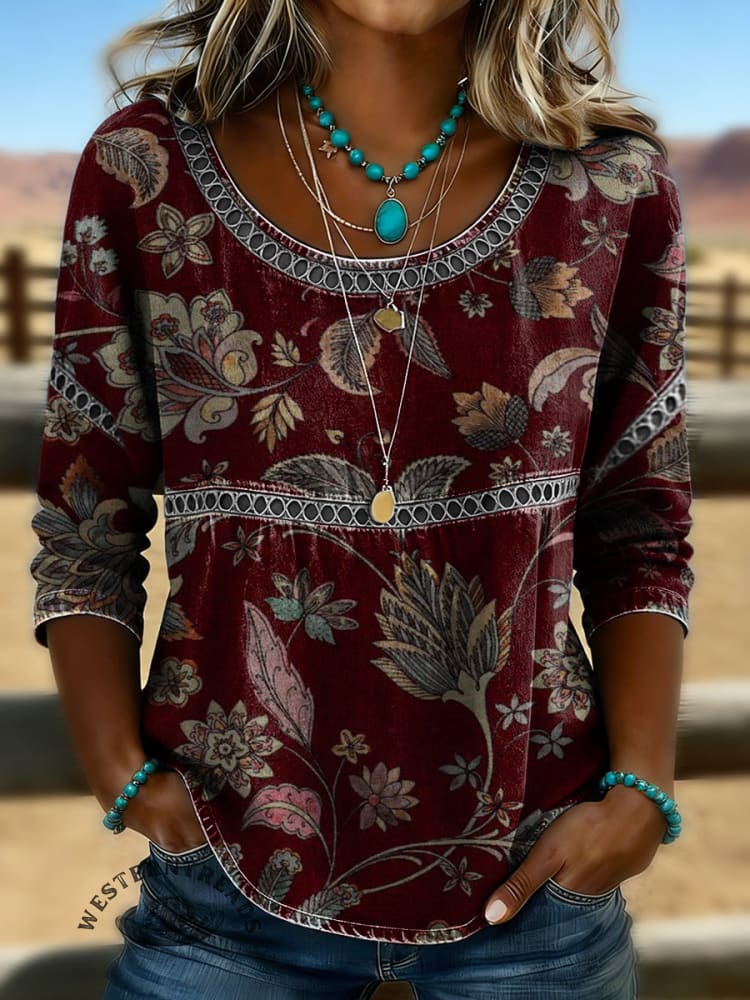Women's Vintage Floral Print Casual Hollow-Out Denim Shirt