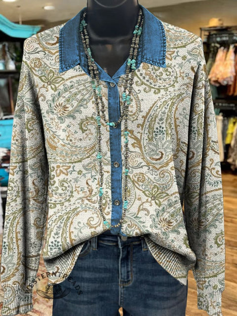 Denim Paisley Polo Collar Button Cardigan Sweater