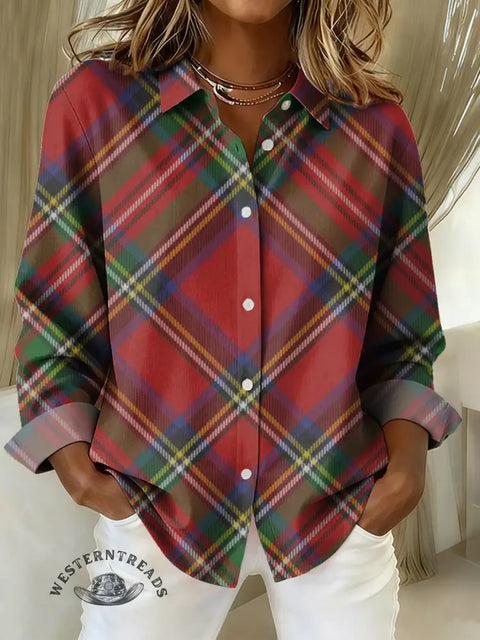 Women's Christmas Plaid Print Casual Cotton Shirt