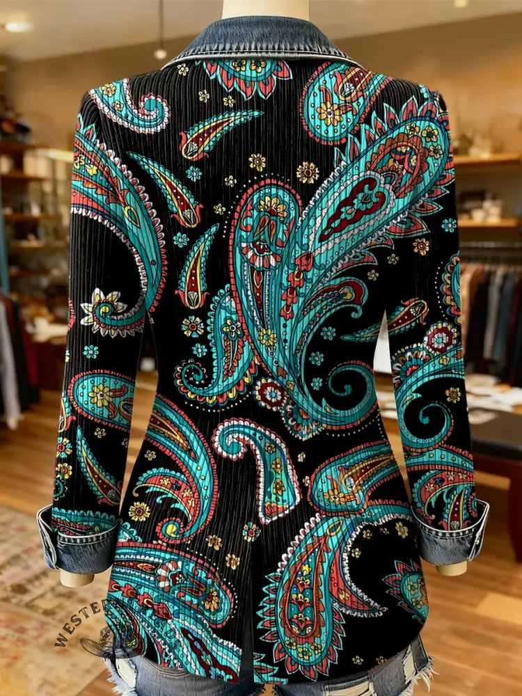 Turquoise Boho Floral Pattern Print Patchwork Denim Sweater Cardigan Coat
