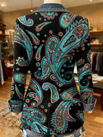 Turquoise Boho Floral Pattern Print Patchwork Denim Sweater Cardigan Coat