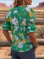 Vintage Art Print Comfortable Summer Fabrics Puff Sleeve Casual Shirt