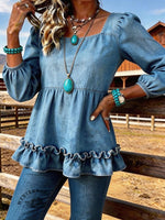 Women's Square Neck Ruffled Casual Denim Top