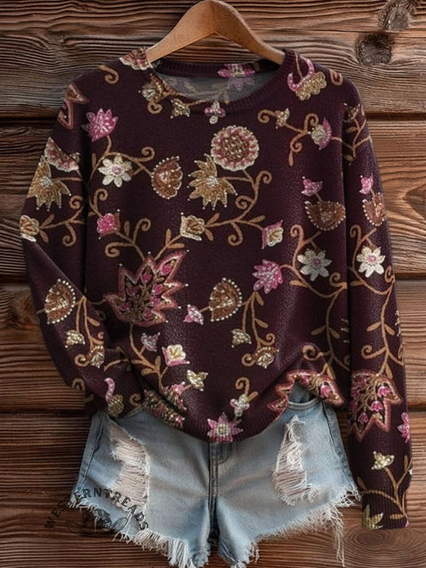 Floral Art Print Knit Pullover Sweater