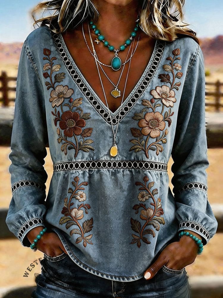 Women's Vintage Printed V-Neck Hollow Casual Shirt