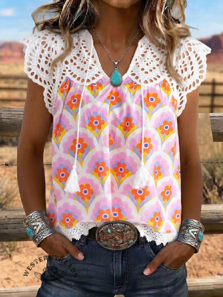 Vintage Art Print Comfortable Summer Fabrics Hollowed Out Lace Patchwork Shirt