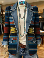 Retro Aztec Art Print Patchwork Denim Sweater Cardigan Coat