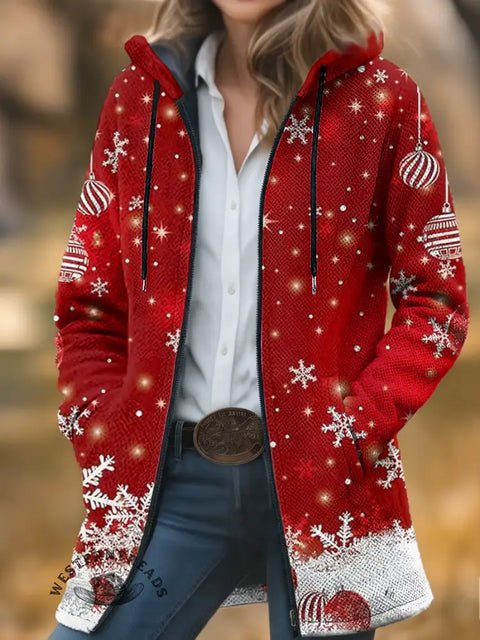 Christmas Print Unisex Plush Thick Long-sleeved Cardigan Coat