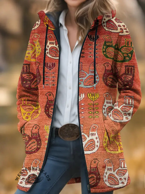 Retro Tribal Chicken Print Unisex Plush Thick Long-sleeved Cardigan Coat