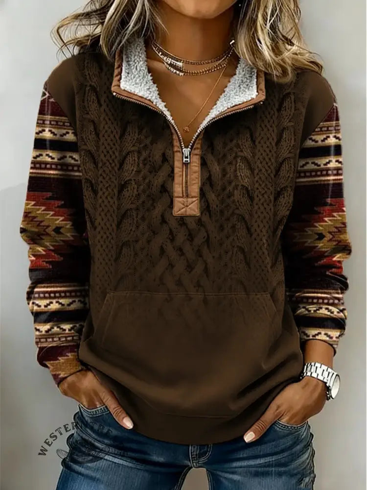 Retro Aztec Knitted Pattern Print Casual Half-zip Cotton Patchwork Sweatshirt