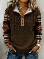 Retro Aztec Knitted Pattern Print Casual Half-zip Cotton Patchwork Sweatshirt