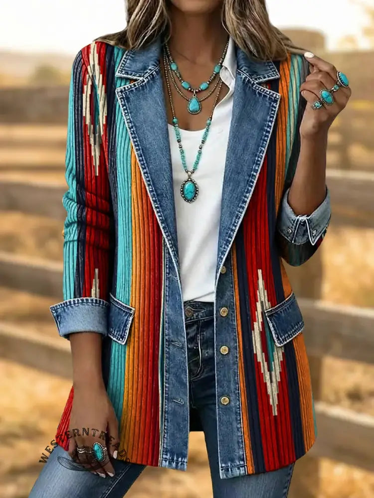 Retro Aztec Print Patchwork Denim Sweater Cardigan Coat