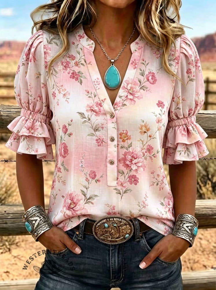 Women's Floral Print Puff Sleeve Casual Shirt