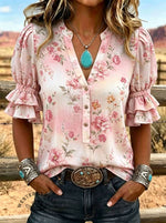 Women's Floral Print Puff Sleeve Casual Shirt